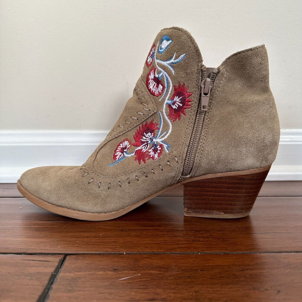 Carlos Santana Vivien Embroidered Leather Suede Ankle Booties Block Heel Shoes - Picture 3 of 12